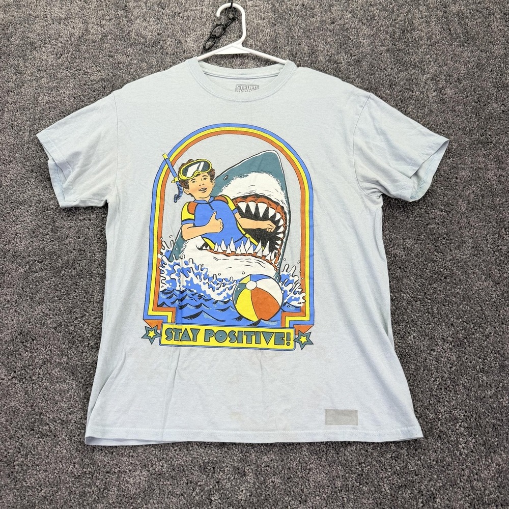 Steven Rhodes Shirt Mens Medium Blue Stay Positive Shark Graphic Tee Retro Funny